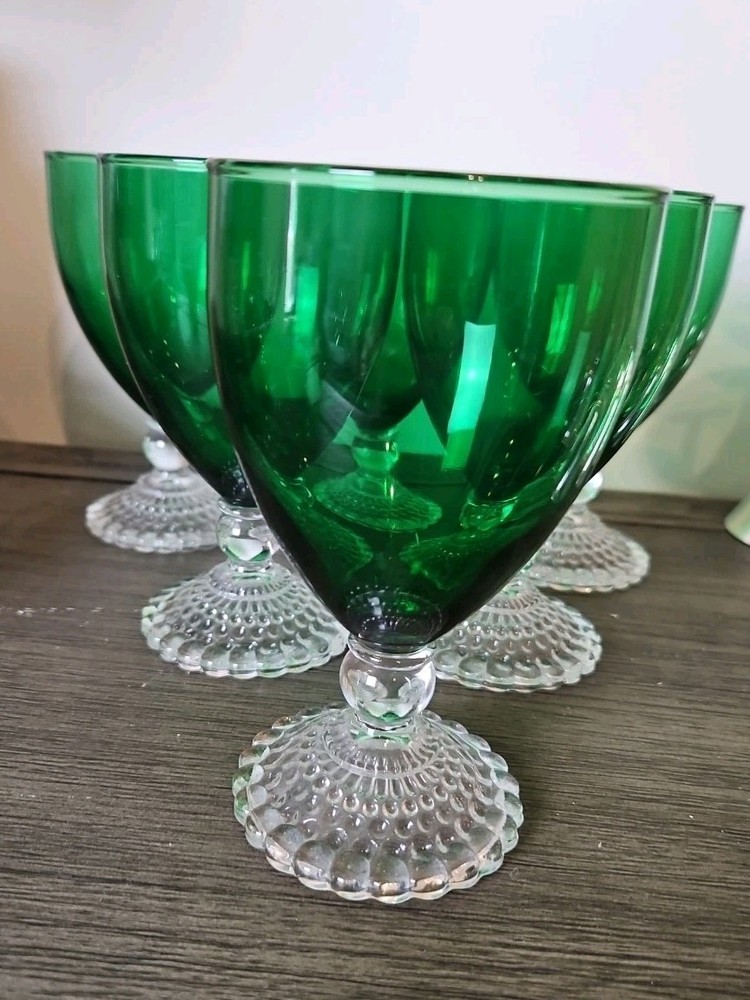 6 VTG Anchor Hocking Forest Green Clear Bubble Footed Water/Wine Goblet Glasses