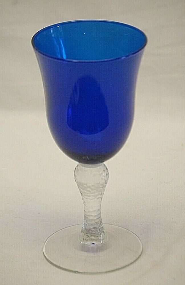 Martello Cobalt Libbey Glass Water Goblet Plain Blue Bowl Crackle Bulbous Stem