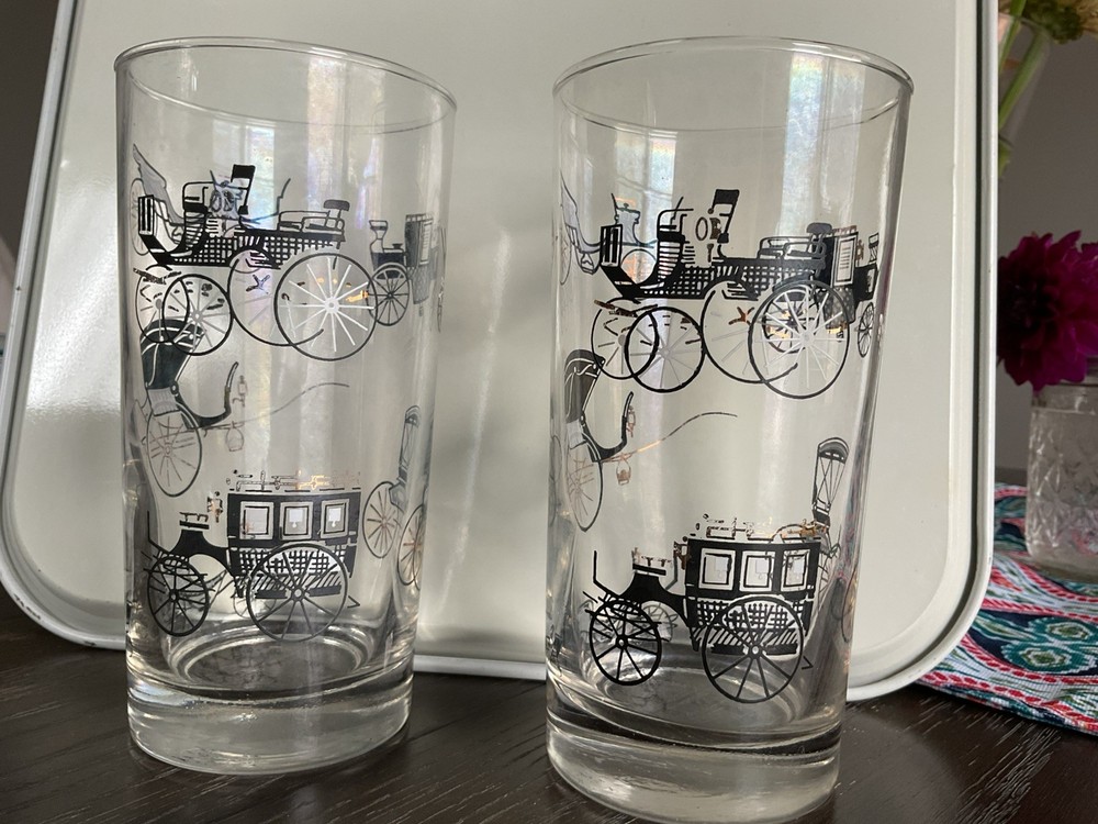 2 Vintage Libbey Black And Gold Horseless Carriage 12oz Glasses