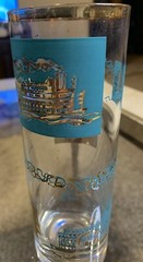 Libby Southern Comfort Steamboat 6 3/4″ Tom Collins Glass Turquoise & Gold MCM