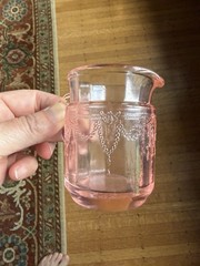 Vintage Mosser Glass Pink Jennifer #11 cameo pattern pitcher and glass (4) set.