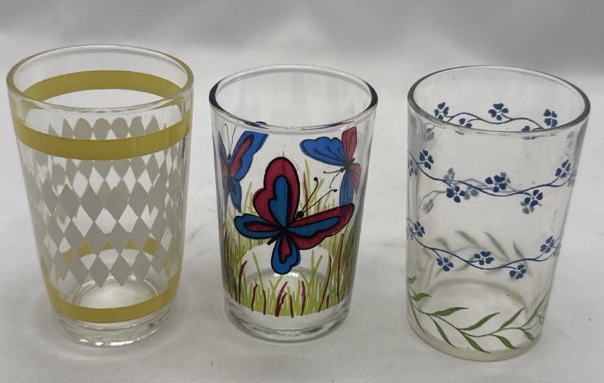3 VTG Swanky Swig Juice Glasses, Various colors, patterns & sizes Mid Century