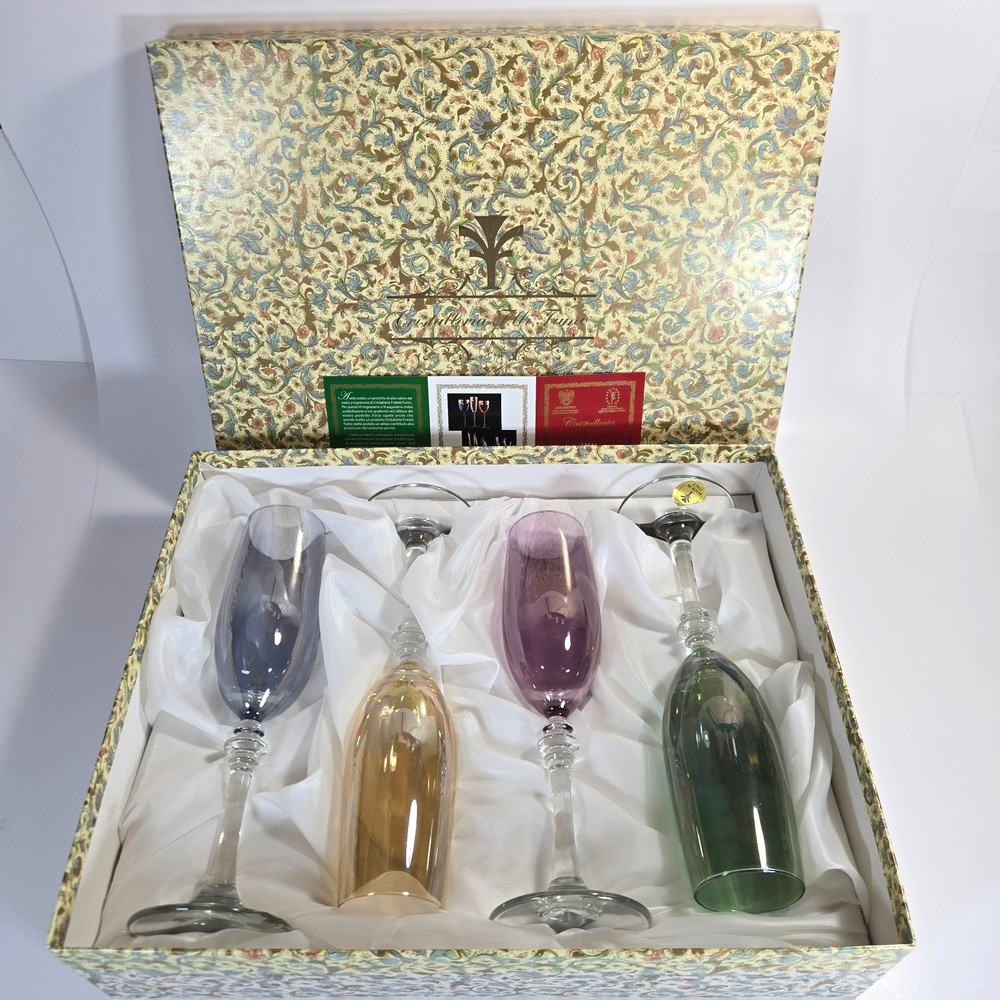 Cristalleria Fratelli Fumo Set of 4 Champagne Glasses/Flutes 9 1/4″ Colored
