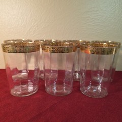 Vintage Tiffin Gold Rimmed Juice Glasses MCM Floral Optical Short Tumbler Drink