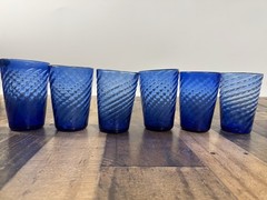 Antique Hand Blown French COBALT Blue Swirl Drinking Glasses w/ Rough Pontail x6
