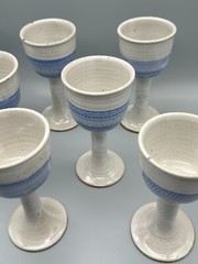 Lot of 8 Pottery Wine Glasses Goblets Blue Gray Handmade GREAT FOR EASTER DINNER
