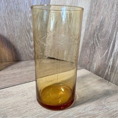 🧡Vintage Amber Floral Etched Glasses– Set of 4 –Mid-Century Barware / Drinkware