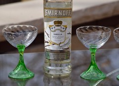 Antique Spiral Optic Cocktail Glasses with Green Stems, Fostoria, 1925
