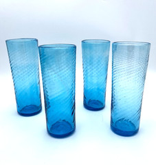Set of 4 – Hand-Blown Deep French Blue Glass Tumblers, Swirl Optic Pattern