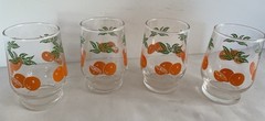 Vintage Juice Glasses Clear w/Oranges & Leaves Set of 4 MCM