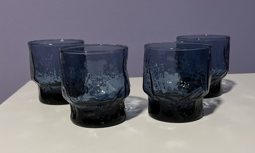 S/4 Libbey Normandy Blue Stone Textured Barware Lowball Vintage MCM Circa 1980’s