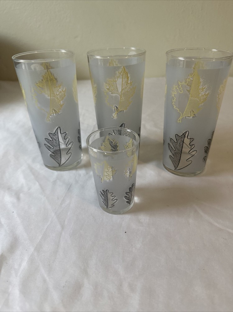 LIBBEY Tumbler OAK & MAPLE LEAF Design YELLOW BLACK Glass Tall MCM 4