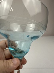 Vintage Hand-Blown Margarita Glass Aqua Blue Bowl Clear Stem Etched Bands