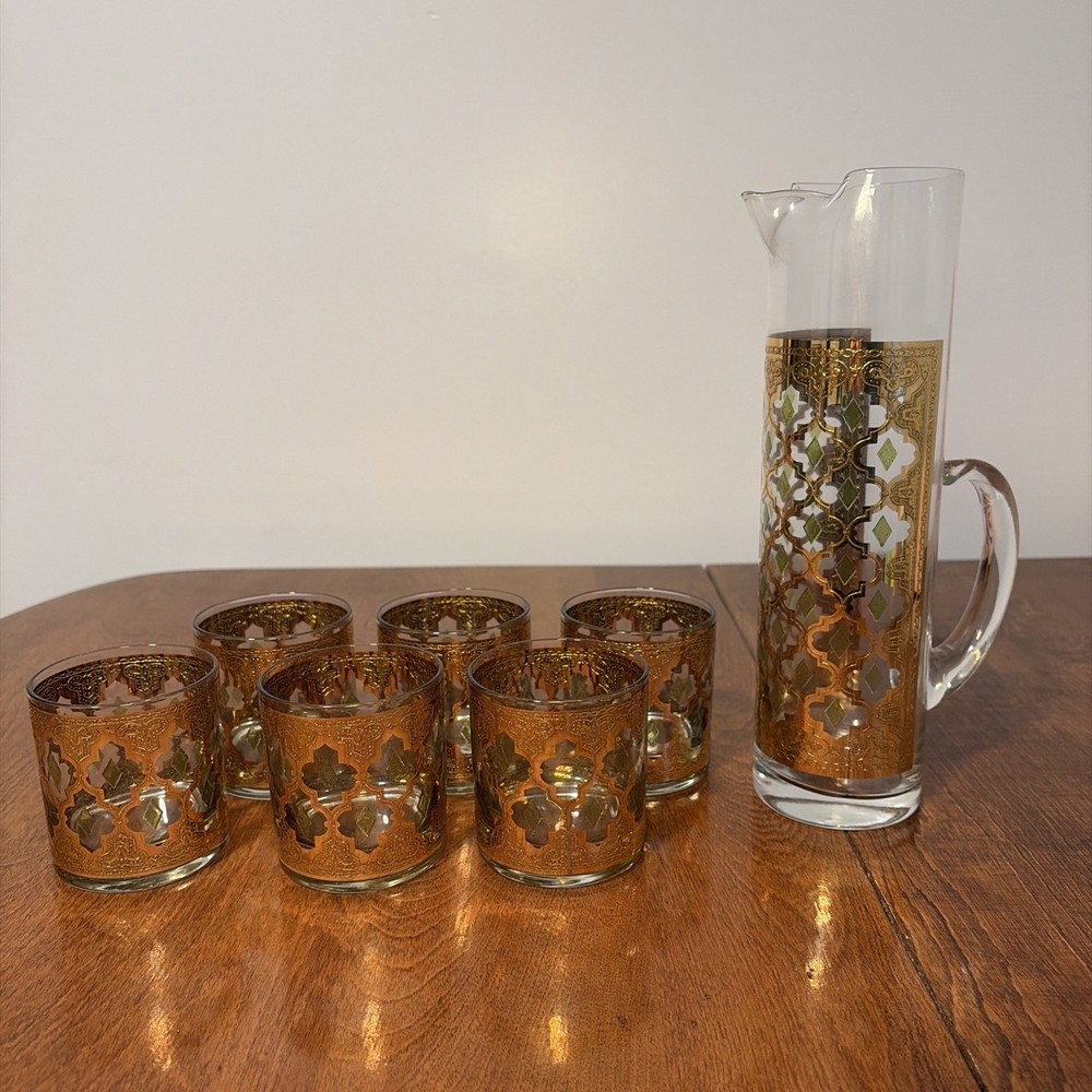 Vintage Culver Valencia Style Gold Green Cocktail Set Pitcher 6 Glasses MCM