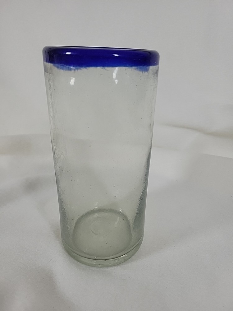 Mexican Hand Blown «Cobalt Blue Rim» Glass Tumbler 6 » tall