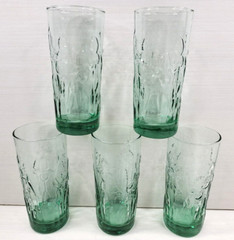(5) Libbey Iris Spanish Green Tumblers Set Flower Embossed Textured Glasses Lot