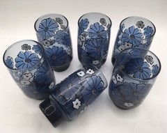 Vtg Libbey Tumblers 6 Cobalt Blue Camellia MCM Flowers Solid Base 5.5” TALL EUC