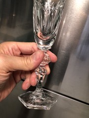 CRYSTAL CHAMPAGNE 2 FLUTES CUT GLASS WITH LEAF BAND UNKNOWN PATTERN HEXAGON BASE
