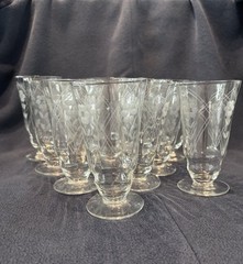 Set of 11 Optic Panel Etched Floral and Cross Hatch Juice Glasses 4 1/2″ UNK2373