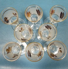 VTG Libbey Frosted Glass Golden Foliage Gold Leaf Set 8 Cordial Glasses Stemmed