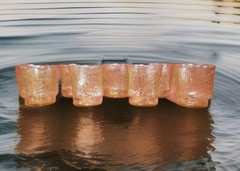 8 Amber Tumblers Glass Textured Bark Bar Juice Milk Mid Century Vtg 6oz 3.25″H