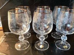 Bohemia Crystal Glasses Etched Faceted Ball Stem Gold Rim Set Of 6