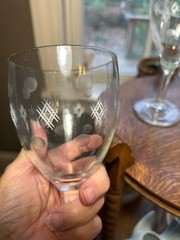 Vintage Etched Wine Glasses 4 With Crisscross and Dot Pattern Art Nouveau Style