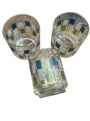 Libbey Nordic Juice Glasses Blue Green White Rectangles Trimmed in Gold Set of 3