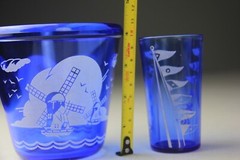 VTG Hazel Atlas Cobalt Blue Windmill Ice Bucket & 3 Flat Tumblers w/ Flags