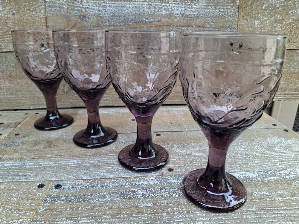 Libbey PURPLE AMETHYST Garden Vine WINE Goblet- Set of 4- Vintage Glassware USA