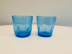 Vintage Blue Crackle Glass Indent Pinched Mid Century Art Glass Tumbler Set of 2