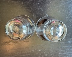 Vtg MCM Atomic Starburst Whiskey/Dble Shot Glasses Gold &Black Barware Set of 2