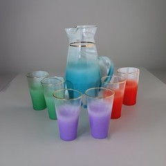 Vintage MCM Blendo Frosted Ombre Glass Pitcher & 6 Tumblers Gold Rim WV Glass