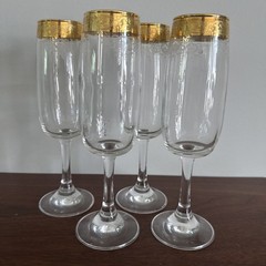 Cellini 24K GOLD Trim Etched Blown Crystal Wine Glasses Set of 4 Italy