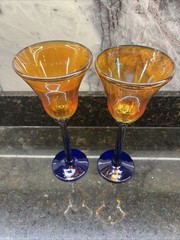 Glass Tulip Iridescent & Cobalt Blue Signed Rick Strini Wine Glasses