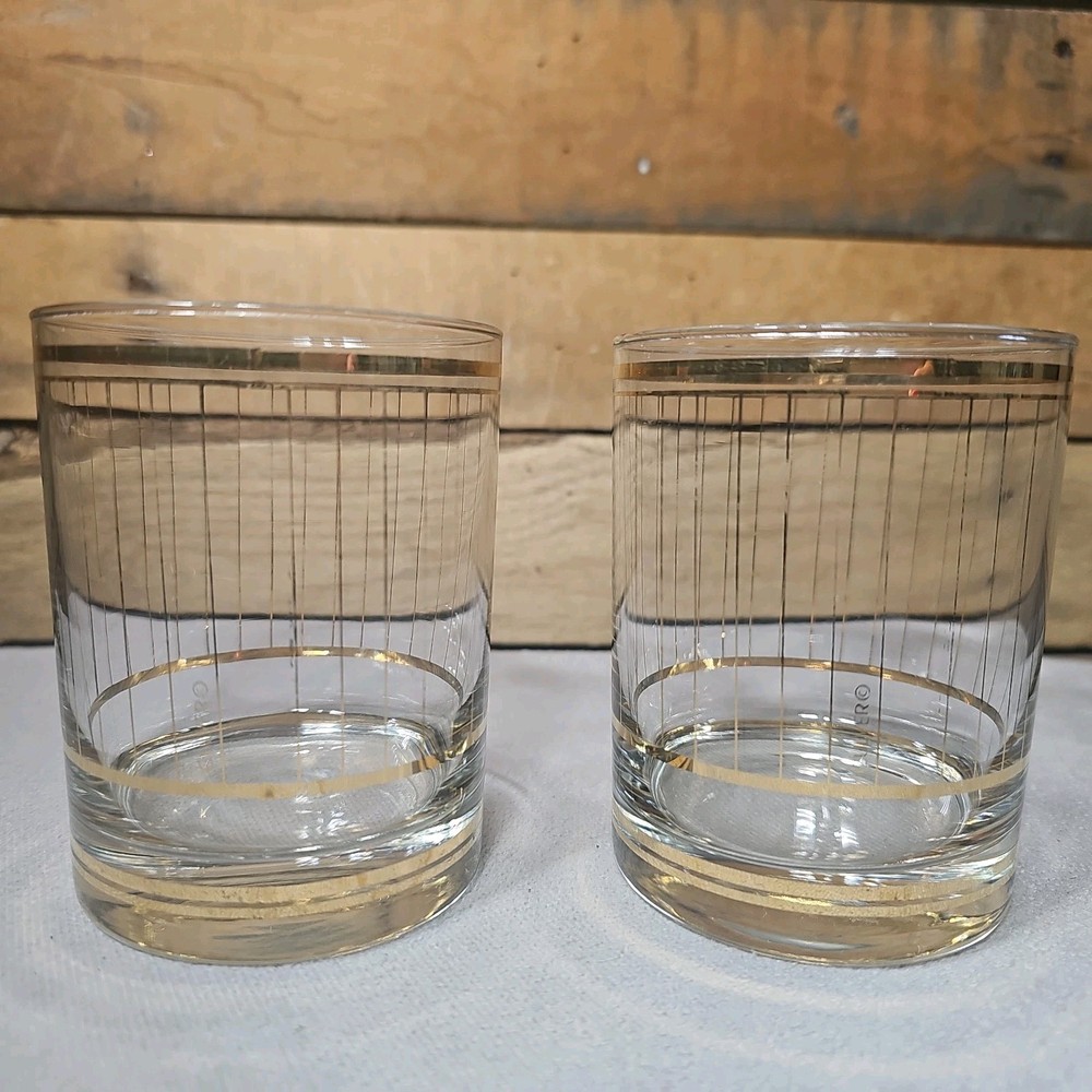 2 Vintage Culver Devon Gold Vertical Stripe Old Fashioned Low Ball Rocks Glasses