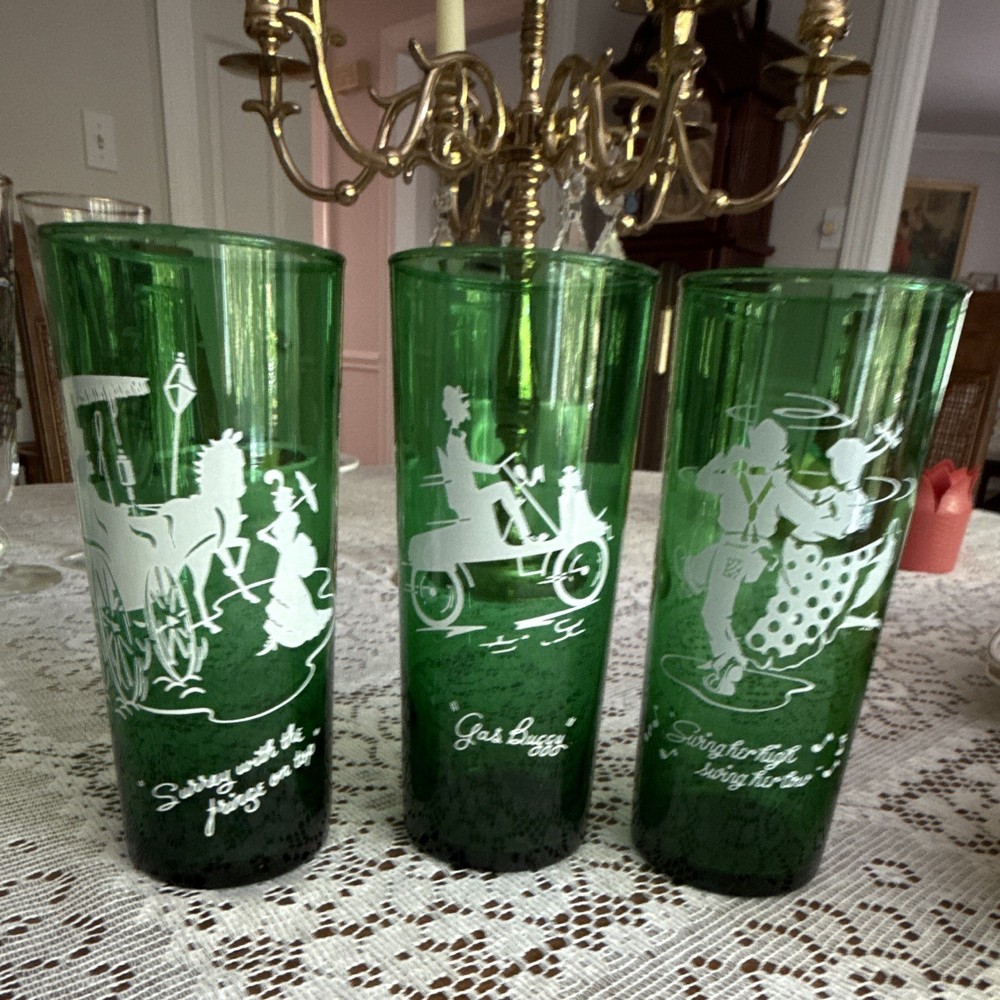 Set of 3 Green Glass Tumbler Glasses, White Decorated Design Drinking Tumblers