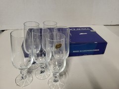 NIB 6 Bohemian Crystal Diamond Ball Stem Champagne Flutes Vintage Czechoslavakia