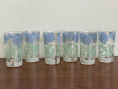 Set Of 6 Juice Glasses Blue Green Butterfly And Clover Flower Vintage 4 3/4” EUC