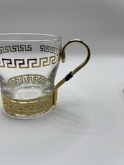 Set Of 3 VTG Libbey glass cups w/ a gold Greek key design and metal handles MCM