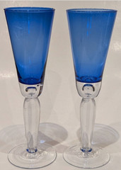 Champagne Flutes Cobalt Blue Clear Stem with Controlled Bubble 9.5″ Tall Vintage