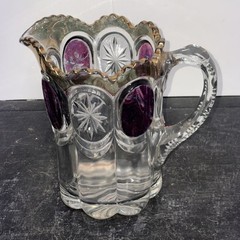 Vintage EAPG Bulls Eye & Starburst Pitcher W/ Amethyst Stain US Glass Co