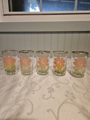 Vintage Federal Juice Glasses Pink Daisy Flower With Gold Rim 5 3.5″ Glasses