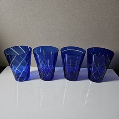 4 Cobalt Blue Cut To Clear Glasses Tumblers All Different Cut Patterns 4.75″