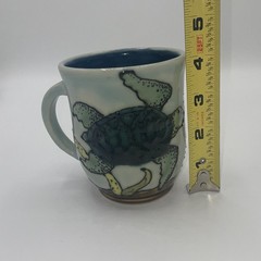 Studio Art Pottery Signed Sea Turtle Mug Handmade Textured Blue Interior