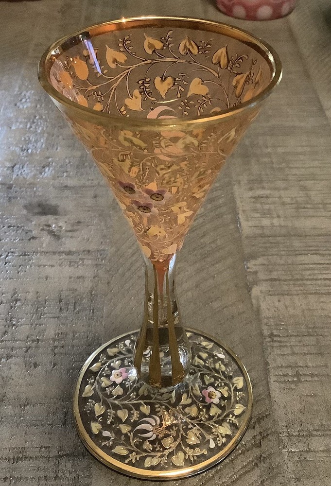 Super Gorgeous Hand Enameled Gold Gilt Bohemian Glass ￼Cordial Florals & Ivy