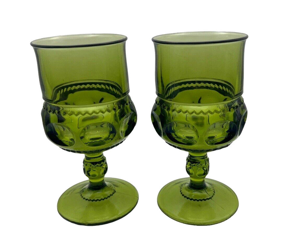 2 Vintage Indiana Kings Crown Avocado Green Glass Thumbprint Goblets 5 3/4″ Tall