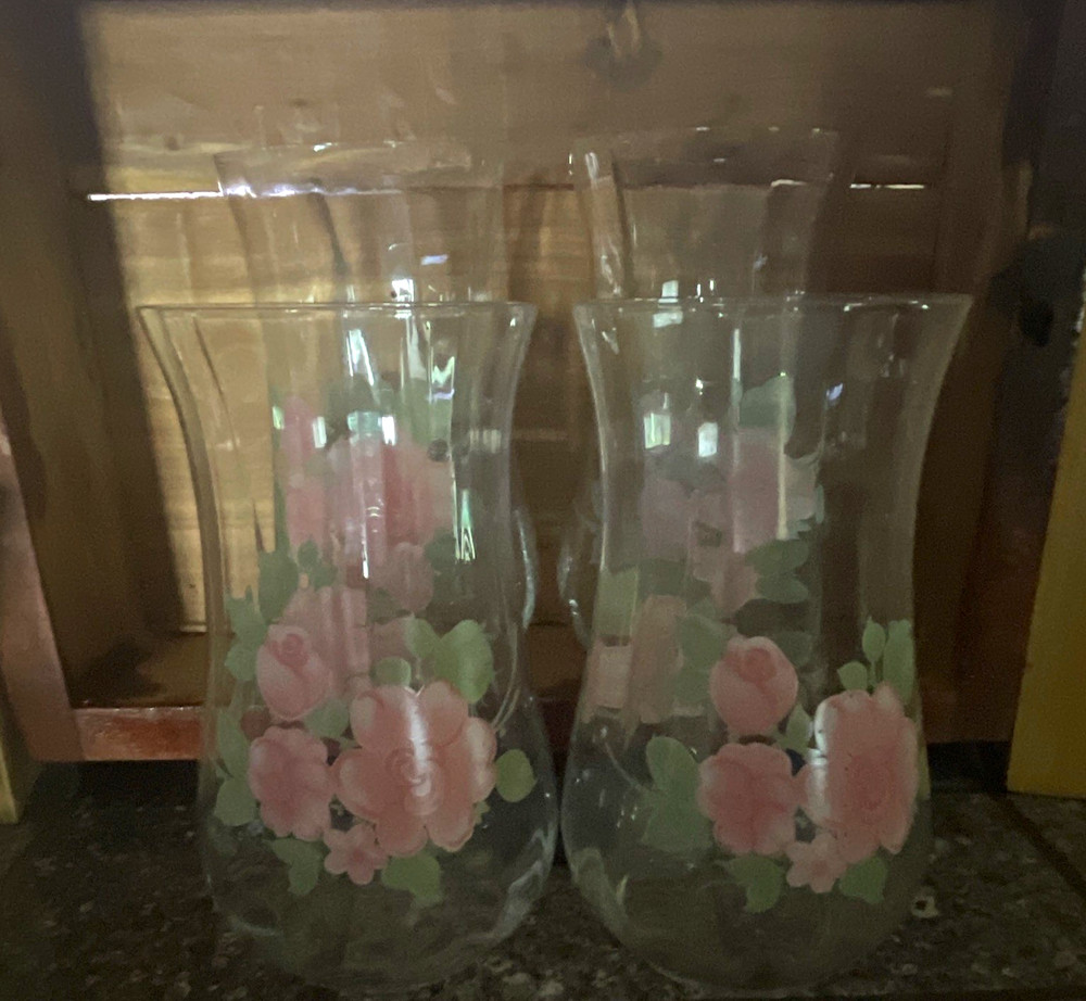 Unmarked 4pc Clear Glass Tumbler Set Floral Decorated Pink Green