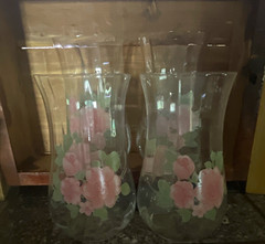 Unmarked 4pc Clear Glass Tumbler Set Floral Decorated Pink Green