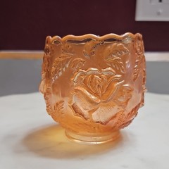 Dugan Marigold Glass Tumbler Wreath Of Roses Floral Pattern Round Scalloped Rim